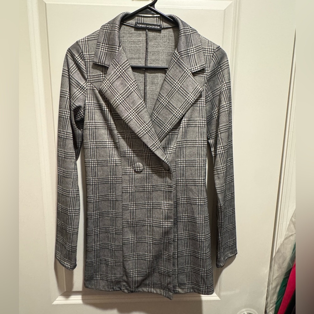 Naked Wardrobe Grey, Black & White Plaid, Double Breasted Blazer M